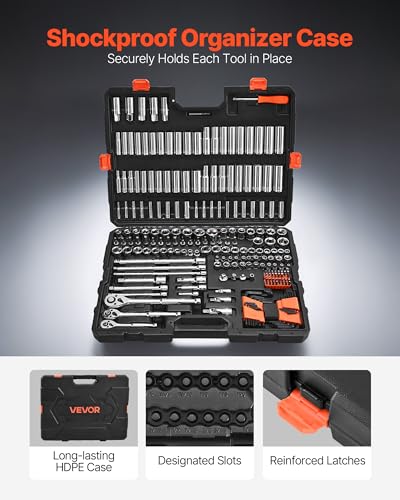 Image of VEVOR Socket Set, 225 Pieces, 3 /8 & 1 /4 & 1 /2 inch Drive Socket and Ratchet Set, SAE and Metric, Deep and Shallow, Mechanic Tool Kit with Bits, Accessories, Storage Case, CR-V Alloy Steel, for Repair
