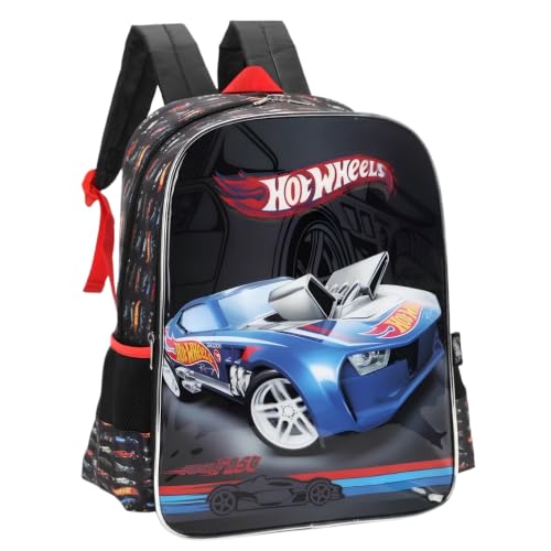 Mochila GRANDE Escolar Hot Wheels Preta com Detalhes Vermelhos LUXCEL