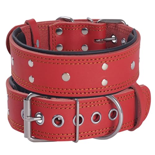 Leather Studded Dog Collar，Padded Extra Thick and 5cm Wide, Strong Genuine Soft Leather，Heavy Duty for Medium Large and Extra Large Dog Breeds（Red,XL)