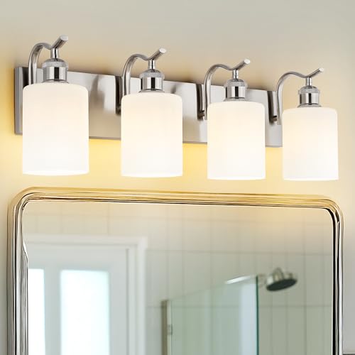 Image of Milk Glass Bathroom Light, 4-Light Vanity Light Fixture, Brushed Nickel Wall Sconce, VL01BNW-4