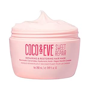 Coco & Eve Sweet Repair Repairing and Restoring Hair Mask. 85% stronger hair, reduce hair damage by 65%. Biomimetic Ceramides, Hyaluronic Acid, Vegan Keratin. Increase Hydration & Shine.