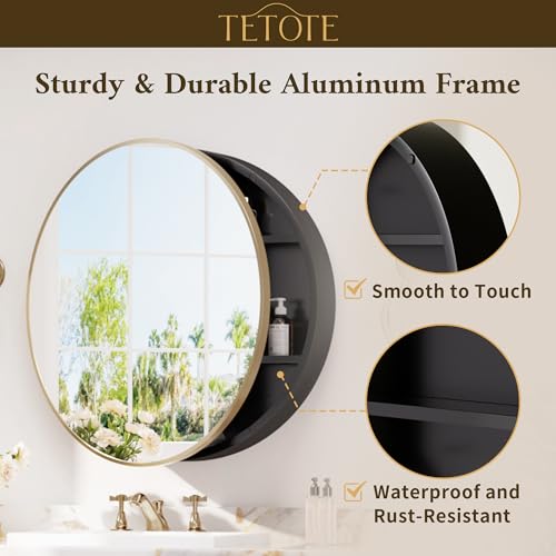Image of TETOTE Gold Round Bathroom Medicine Cabinet with Mirror 24 x 24 Metal Framed Medicine Cabinet with Storage Adjustable Shelves Farmhouse Wall Mirror with Storage Surface Mounted