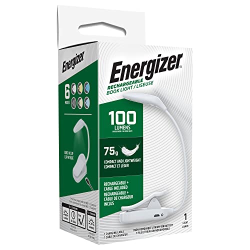 Energizer Lampe de Lecture Rechargeable pour Lire au Lit, Liseuse Lampe de Lecture LED 100 Lumens avec 3 Modes d'Éclairage, Pince et Cou Flexible, Lumière Livre Portable, USB Inclus, Blanc