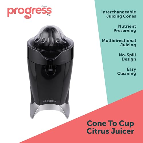Progress EK5882 Cone To Cup Citrus Juicer - Includes Small & Large Interchangeable Juicing Cones, Straight To Glass Serving, Multidirectional Rotation For More Juice, Built-In Anti-Drip Spout, 60W