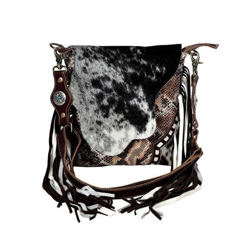 Myra Bag Western Leather Crossbody Bag for Women, Hairon Upcycled Flap Boho Bag with Tassel Culver Draw Fringed - Animal
