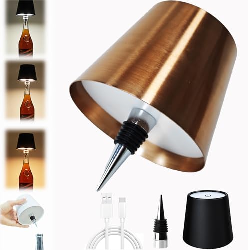 Neioaas Wireless Wine Bottle Lamp, Rechargeable 3 Color Dimmable,Rose Gold