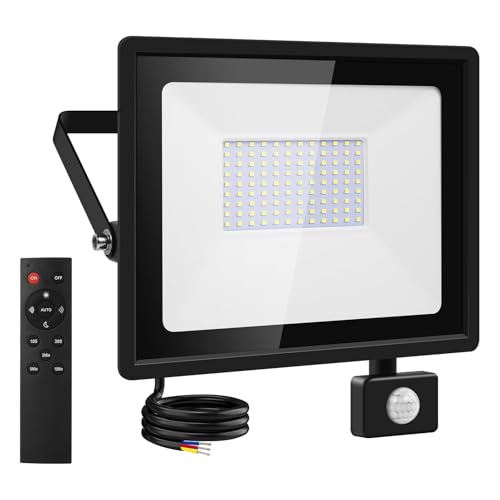 Viugreum 100W Led Motion Sensor Security Lights Outdoor Floodlight Mains Powered with Pir 10000 LM 6500K Cool White Outside Wall Flood IP66 Waterproof Spotlight Remote Control for Garage Garden