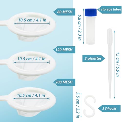 Image of Baby Brine Shrimp Net Sieve 80, 120, 200 Mesh kit with 3 Hooks, 3 Pipettes and 5 Storage Tubes for Brine Shrimp Hatchery Filter Fry Eggs and Hatching Baby Fish Separator (14pcs Parts)