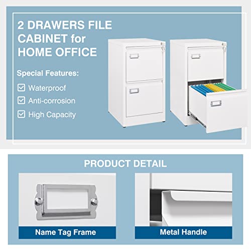 Peukc 2-Drawer File Cabinet, 16.3" Deep Vertical Filing Cabinet With Lock, Metal File Cabinet For Home Office, Anti-Tip 2 Storage Drawers For Letter/Legal/A4/F4 Size (Assemble Required, White) #TOP4