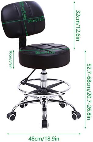 KKTONER Swivel Round Rolling Stool PU Leather with Adjustable Foot Rest, Height Adjustable Task Work Drafting Chair with Back (Black)