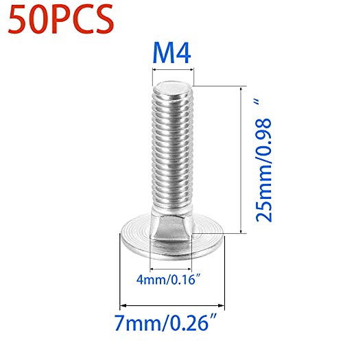 Image of 50 Pcs Carriage Bolts, Coach Bolts,Neck Carriage Bolt, Round Head, Square Neck, Zinc Plated (M4-0.7x25mm)