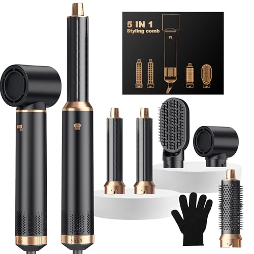 Image of 5 in ONE Hair Dryer Brush, Blow Dryer Curling Wand Hair Styling Tools Set, Ionic Hot Air Brush Round Brush Blow Dryer, Left&Right Styler 100-120V