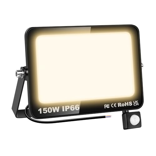 RIGIDON 150W Faretto LED con Sensore di Movimento, 15000 LM Proiettore Faro Led Esterno 3000K Bianco Caldo Luci di Sicurezza, IP66 Impermeabile Faretti LED per Giardino Garage Patio Terrazza Cortile