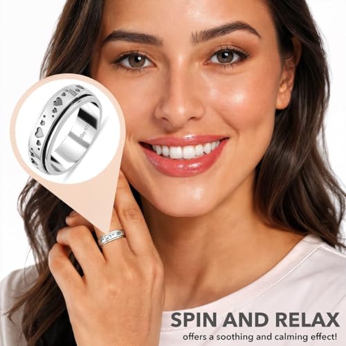 Fidget Rings Spinner Ring for Women - Spinning Anxiety Ring for Men - Wedding Band 925 Sterling Silver Platinum Plated Love Heart Promise Jewelry Stress Relief Size 9 Christmas Gifts
