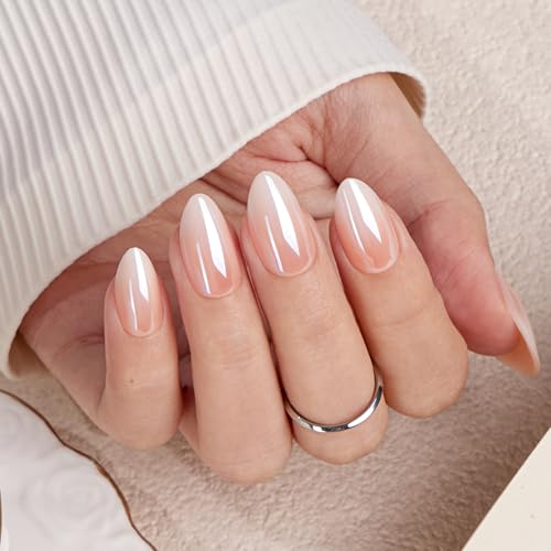 VSALON Short Almond Press on Nails - Chrome Nude Ombre Fake Nails Kit