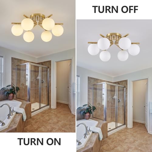 Image of 6 Lights Sputnik Ceiling Light Fixture,Semi Flush Mount Ceiling Light Sputnik with Milk Glass Globe, Brushed Brass Chandelier for Living Room, 25.98'' Large Mid Century Modern Fixture