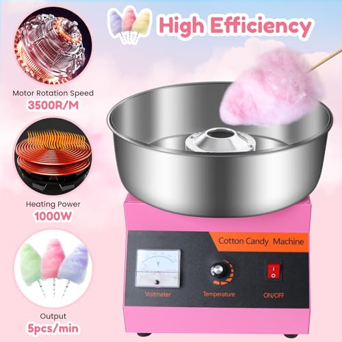 Cotton Candy Machine Commercial, 1000W Efficiently Cotton Candy Maker Machine with Stainless Steel Bowl, Sugar Scoop, Easy & Safe to Use, Candy Floss Maker for Kids, Home, Party, Birthday, Festival