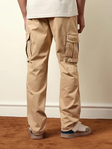 Image of Vogaan Men Solid Relaxed Fit Cotton Blend Cargo Trousers with Utility Pocket