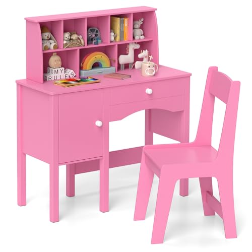 HONEY JOY Kids Desk and Chair Set, Wooden Children School Study Table and Chair w/Drawer, Hutch, Storage Shelves, Student Writing Desk Computer Workstation for Bedroom, 3+ Years Old (Pink)