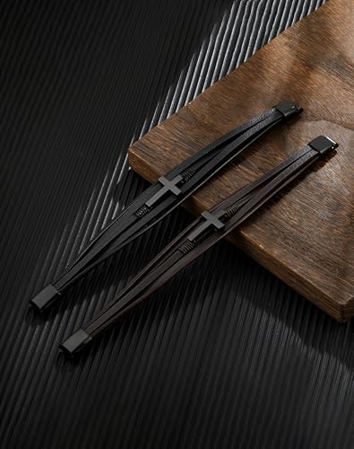 YL Cross Masonic Leather Mens Bracelet, 18K Gold/Black Rhodium Plated Christian Religious 316L Stainless Steel Brown Cuff Handcrafted Jewelry Gifts2