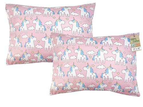 ZPECC Toddler Pillow with Pillowcase 2 Pack - 13x18 Organic Cotton Hypoallergenic Kids Pillow, Baby Essentials for Travel Crib Daycare Stroller (Intended for Age 2 and up) Pink Unicorn