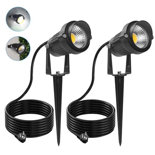 LASONAS Gartenbeleuchtung mit Strom 5W LED Gartenstrahler mit Erdspieß & Dämmerungssensor, IP65 Wasserdicht Gartenleuchte Warmweiß 3000K für Garten Wege Bäume Teich (2er-Pack)
