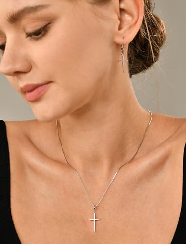 YL Womens Plain Cross Necklace 5A+ Birthstone, Solid 925 Sterling Silver 18K White Gold Plated Pendant Crucifix Jewelry Christmas Gifts Adjustable Box Chain 18"+1.2"2