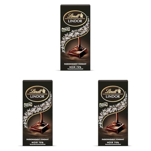 Lindt - Tablette LINDOR - Chocolat Noir 70% Cacao - Cœur Fondant, 145g (Lot de 3)