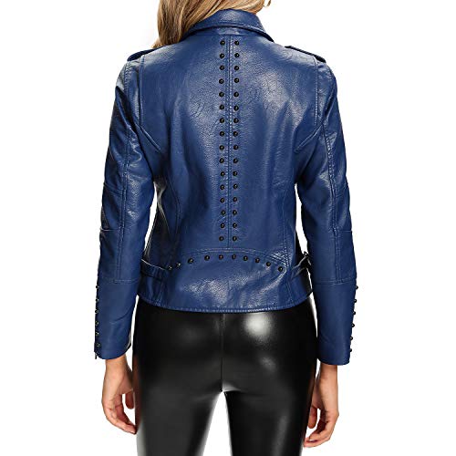 S P Y M Womens Faux Leather Jacket, Double Zip Up Coat, Moto Biker Outwear With Rivets #TOP2