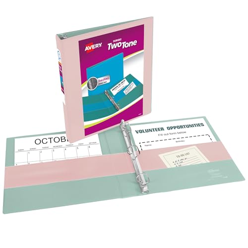Image of Avery Two-Tone Durable View 3 Ring Binder, 1 Inch Slant Rings, Blush /Sage Binder (17233)