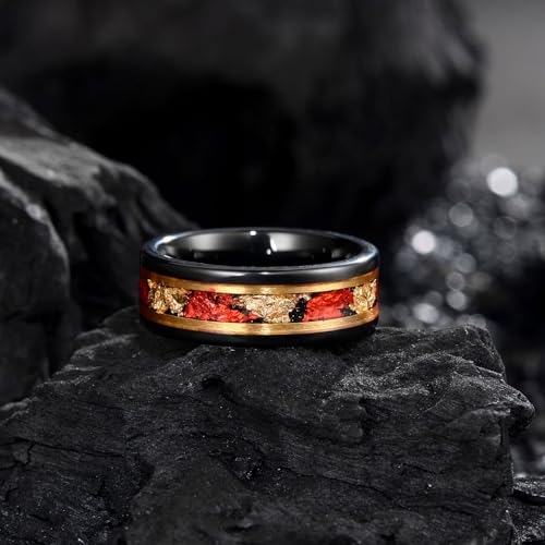 8mm Men's Tungsten Ring Engagement Wedding Ring, Red and Gold Inlay, Black Shiny, Size 7-14, Comes with Gift Box4