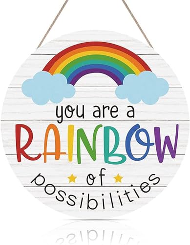 Image of ANGEL INFINITE inchYou are a Rainbow of Possibilities inch Wooden Wall Hanging Decor - Round Vintage Inspirational Sign for Kids Room, Nursery, & Home Office - Rustic Motivational Plaque, 30x30 cm