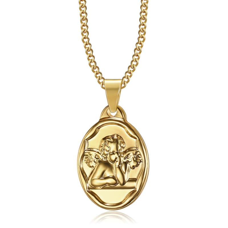 BOBIJOO JEWELRY - Colgante Medalla Ángel Gabriel Bautismo Nacimiento del Niño del Bebé de Acero de Oro Chapado en Oro de la Cadena de