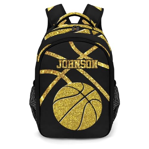 Custom Text Sport Basketball Gold Glitter Backpacks for Girls Boys School, Capacity School Backpacks for Kids Water-resistant Bookbags