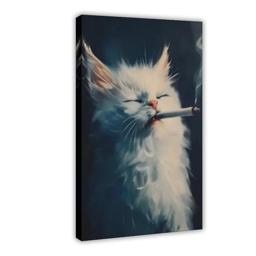 Poster vintage chat blanc fumant toile 51x76 cm décoration salon