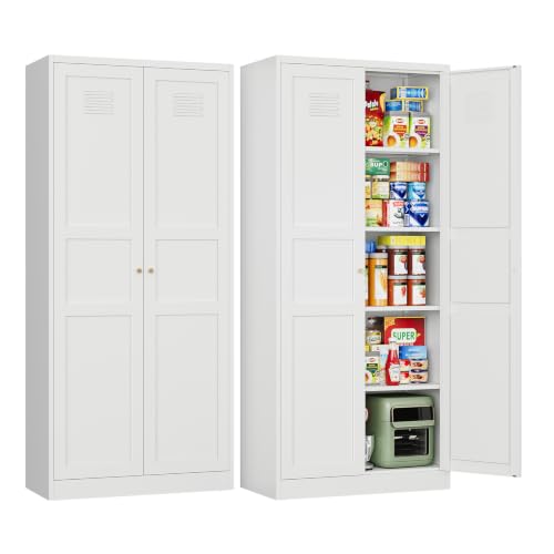 Image of Letaya White Storage Cabinet with Adjustable Shelves-Metal Home Kitchen Pantry Cabinets with Doors,Organization Locker for Cupboard /Bedroom /Dining /Living /Bathroom /Office /Garage Room