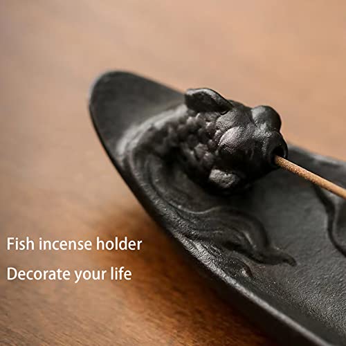 Thooke Fish Incense Stick Holder, Ceramic Incense Burner With 60 Sandalwood-Incenses, Black Incense Stand Ash Catcher For Meditation/ Aromatherapy/ Yoga/ Office, Room Decor Indoor/ Outdoor Ornament #TOP2