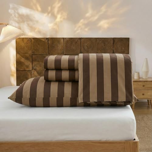 Image of Merryword 100% Cotton Sheet Set Queen Size - Brown and Khaki Stripes Bedding, Soft Breathable Percale Weave, Wide Stripe Deep Pocket Sheet 17.5 inch, Luxury Linen Like, 4-Piece All Season Bedding