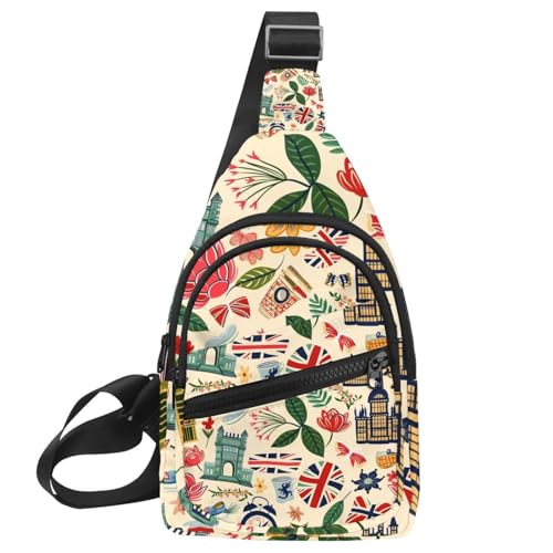 Mochila cruzada para running, senderismo y viajes con diseño de arquitectura urbana inglesa