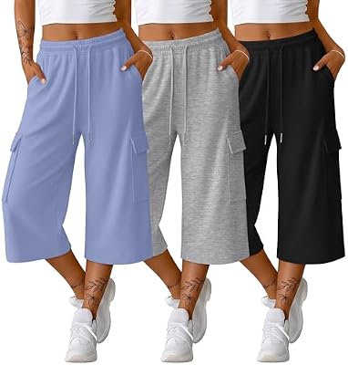 JoyMotion Women's Capri Pants 3-Pack with 4 Pockets - 3 Colors, Small