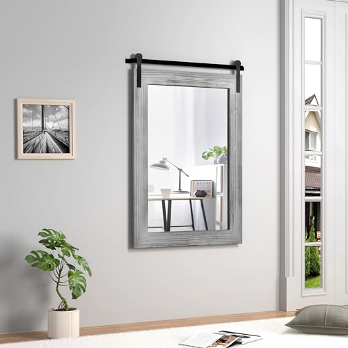 Image of COGOOD Farmhouse Bathroom Mirror - 42 x 29 Rustic Barn Door Style Mirror for Living Room, Entryway, Vanity Wall Decor (Grey)