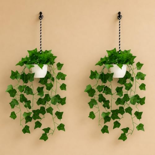 Image of fancymart Artificial Hanging Ivy Plant with White Hanging Pot & Rope, Pack of 2, Realistic Green Leaf Creeper for Home, Office, Living Room & Wall Decor, 60 cm Height