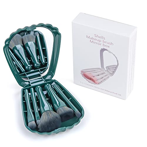Makeup Brushes 5Pcs Mini Makeup Kit, Travel Set, Foundation Brush Eyeshadow Brush Make Up Brushes Set, Shell Shape Complete Function Travel Portable Cosmetic Brushes Kit With Mirror (Dark Green) #TOP4