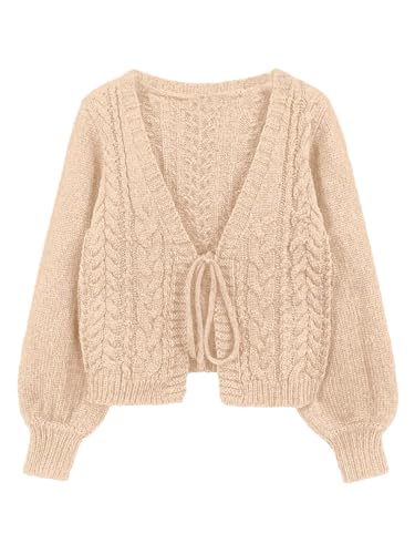 Image of ZAFUL Women's Tie Front Crop Cardigan Sweater V-Neck Lantern Sleeve Open Front Loose Casual Knitwear