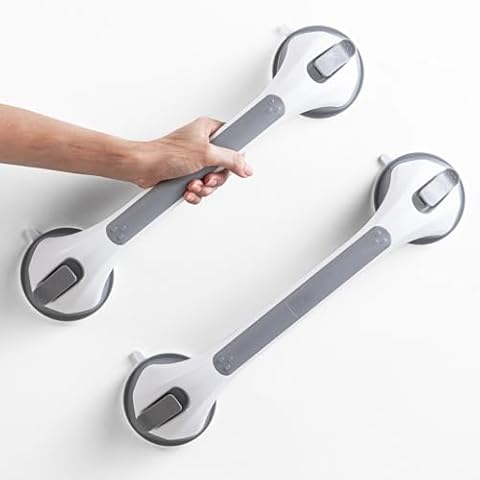 LEVERLOC 2 Pack Shower Grab Bars for Bathtubs and Showers, Easy to Install Suction Shower Handles for Bathroom Removable Handrails for Seniors Elderly Heavy Duty Safety Grip Waterproof Drill Free Gray Cover