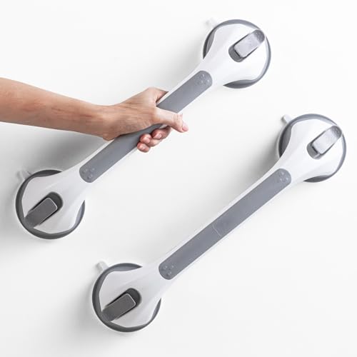 LEVERLOC 2 Pack Shower Grab Bars for Bathtubs and Showers, Easy to Install Suction Shower Handles for Bathroom Removable Handrails for Seniors Elderly Heavy Duty Safety Grip Waterproof Drill Free Gray