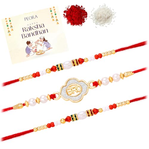 Image of Peora CZ Pearl & Crystals Studded Thread Rakhi for Brother Bhaiya | Combo Set of 3 | Raksha Bandhan Hamper with Roli Chawal & Greeting Card