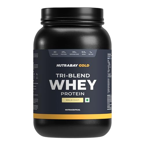 Image of Nutrabay Gold Tri Blend Whey Protein Powder - 1kg, Malai Kulfi | 25g Protein, 5.5g BCAA | Concentrate, Isolate, Hydrolyzed Protein | Muscle Growth & Recovery | Gym Supplement for Men & Women