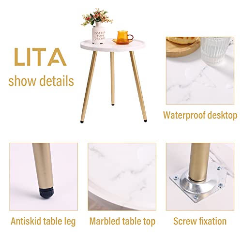 Lita Marble End Table White Tray Metal Round Side Table Nightstand Sofa Bedside Table Anti-Rust And Waterproof Accent Coffee Table For Living Room Bedroom, White Tray + Gold Legs #TOP5