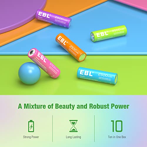 Ebl Aa Rechargeable Batteries 2500Mah (10 Pack - 5 Colors In One Box) Pre-Charged 1.2V Nimh Double A Battery #TOP1